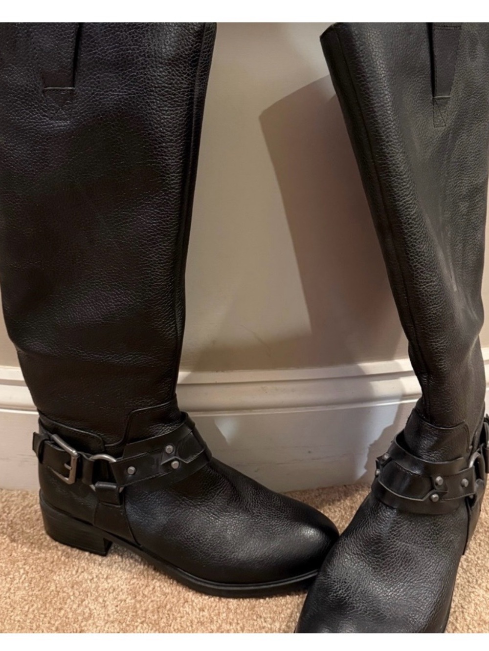 Nine West Black Leather Tall Buckle Riding Boots